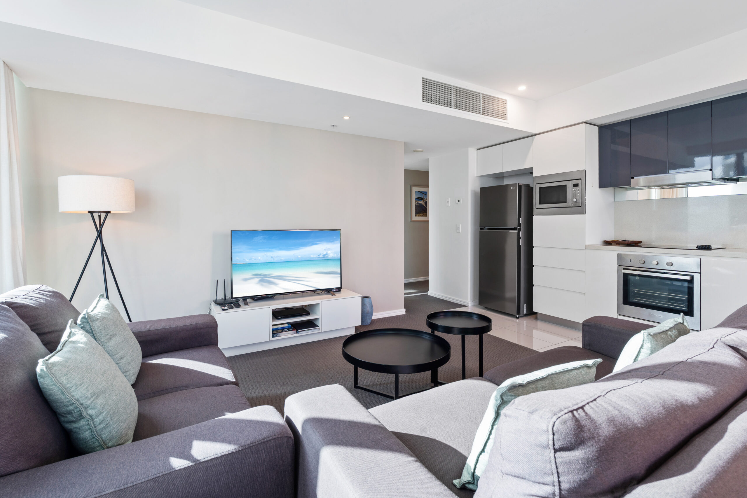 Open living area with lounge and kitchen